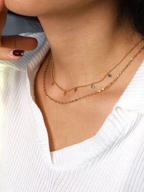 18K Gold Plated Double Layer Geometric Charms Dainty Chain Necklace